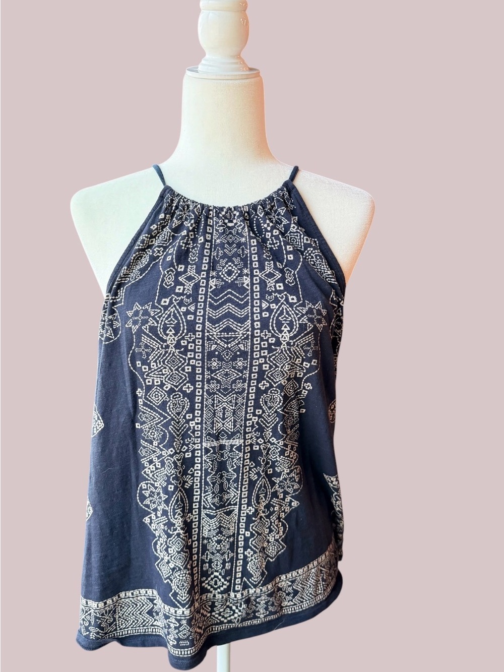 Lucky Brand Navy Blue Geometric Print Halter Sleeveless Blouse Tassel Tie Tank L
